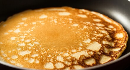 Golden pancake cooking in a non-stick pan, showcasing a perfectly even texture and crisp edges, AI