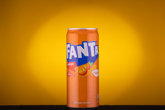 Can of Fanta soda drink in orange flavor which is sold in Germany.