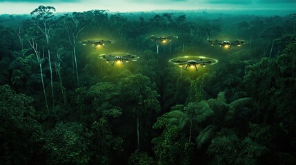 Naklejka premium Flying machines above lush, dark green jungle.