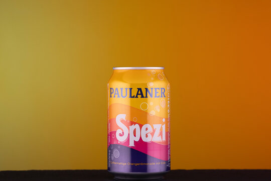 Spezi drink can from the German brewery Paulaner wich is a mix of a regular black cola and orange cola without alcohol, a pop soda drink popular in the country.