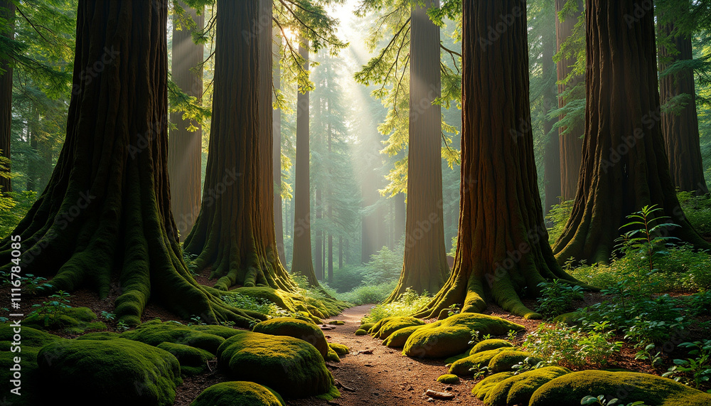 Poster sunbeams illuminate a path through a mystical forest of moss covered ancient trees.