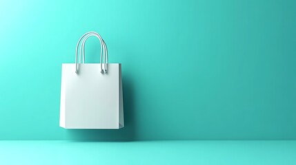 A minimalist white shopping bag against a turquoise background, emphasizing simplicity.