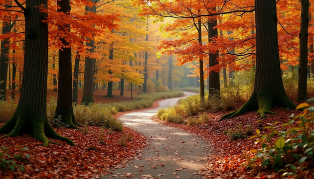 A winding road through a vibrant autumn forest  showcasing stunning fall foliage and majestic trees.