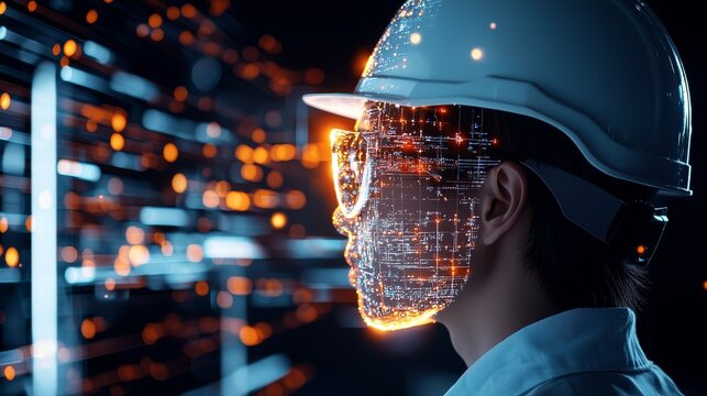 Double exposure Asian engineer with white hard hat, construction tools and architectural layers blended, bokeh lights on isolated dark backdrop