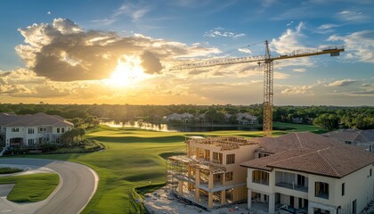 Fototapeta premium Aerial view of florida construction site with homes near a golf course and serene lake