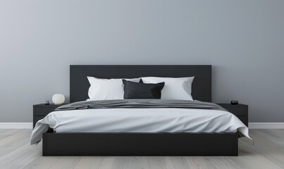 Minimalist bedroom interior with black bed and grey wall