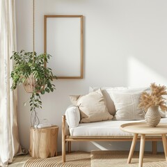 Naklejka premium Minimalist living room interior with a white sofa. wooden coffee table. and a hanging plant