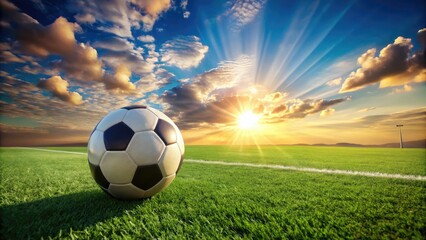 Naklejka premium Under a clear blue sky, a soccer ball stands out on a lush green field, captivating sports enthusiasts and outdoor lovers who crave active, joyful playtime.