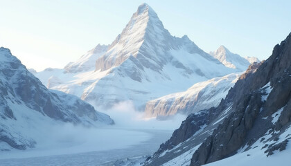 Majestic snow capped mountain peak rises above a serene glacial valley  shrouded in mist.