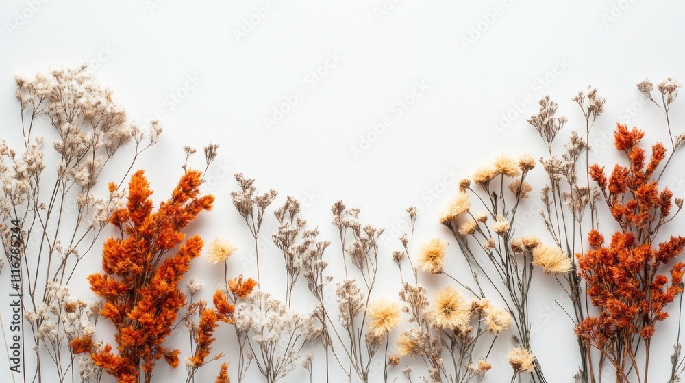 Poster a stunning arrangement features an array of dried flowers in warm tones of orange and beige spreadin
