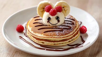 Happy monkey pancake with sliced banana ears, berry eyes, and a cheerful smile made from chocolate sauce, colorful kid's plate