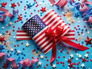 Fototapeta premium Vibrant flat lay showcasing the US flag adorned with ribbons and confetti, embracing the joyful spirit of the 4th of July celebration, perfect for festivities.