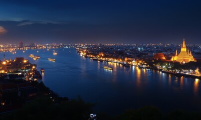 Obraz premium The illuminated Wat Arun temple and Chao Phraya River create a stunning nightscape in Thailand.