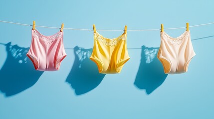 High-detail shot of soft, colorful lingerie hanging on a clothesline, lace details against a bold blue wall, fashion-forward and fresh