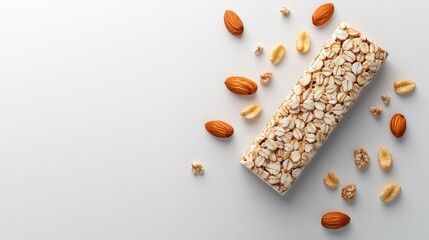 High-quality 3D render of a granola bar with nuts and oats, isolated on white, ultra-realistic texture, clean and vibrant for marketing