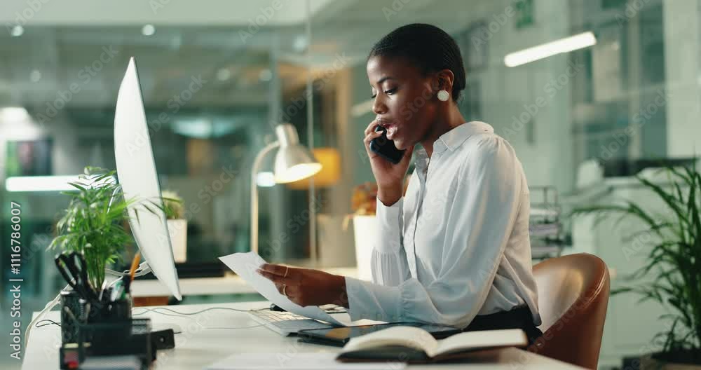 Poster black woman, phone call and computer in office with documents for review with proposal, project or a