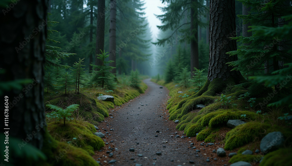 Poster a misty forest path winds through tall evergreen trees moss clinging to the ground and tree roots.