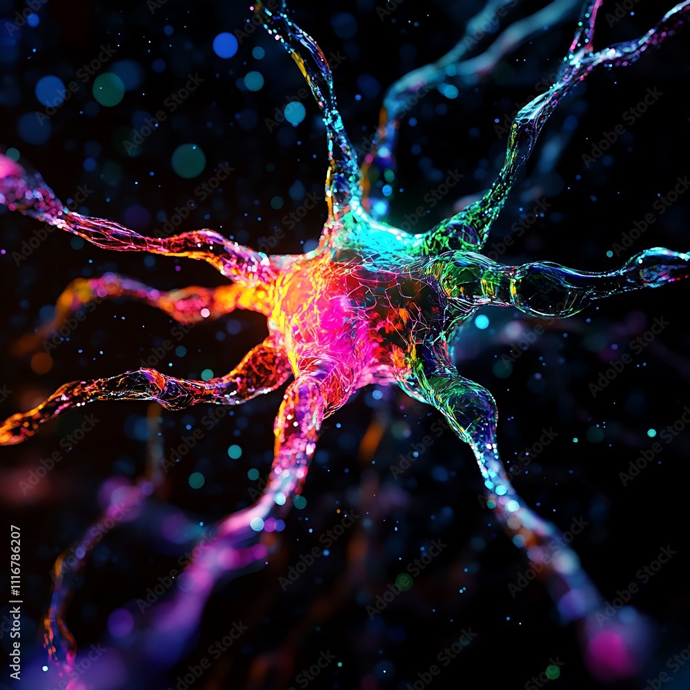 Poster multi colored glowing synapse illustrating neural network communication flow image