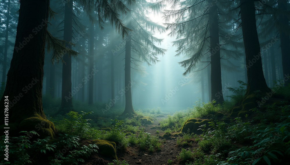 Poster sunbeams pierce through a misty mystical forest illuminating a path between ancient trees.