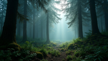 Obraz premium Sunbeams pierce through a misty mystical forest illuminating a path between ancient trees.