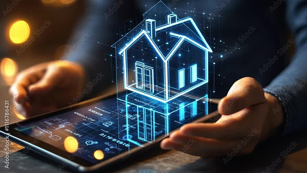 Poster using technology to visualize home design ideas on a tablet screen in a modern setting