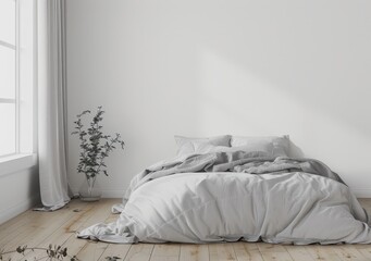Minimalist bedroom with a white bed. wooden floor. and a plant in a vase