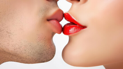 Obraz premium Intimate moment captured as a seductive woman kisses a sensual man, showcasing passion and connection on a background.