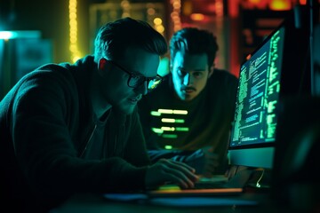Obraz premium Cyber security team collaborates on laptop with glowing firewalls and network defenses