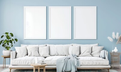 A white couch. a blue wall. and three empty frames perfect for displaying your design. art. or photographs