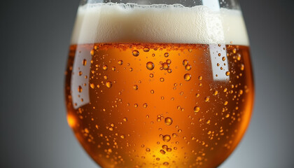 A close up of a glass of amber beer with condensation  showcasing its golden color and foamy head.