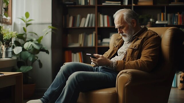 Hombre senior jubilado observa su tel&eacute;fono m&oacute;vil en el comedor de su casa