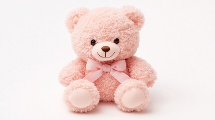 Obraz premium Cute peluche toy, plush teddy bear, pastel colors, soft and cuddly, lifelike fabric texture, isolated on white background