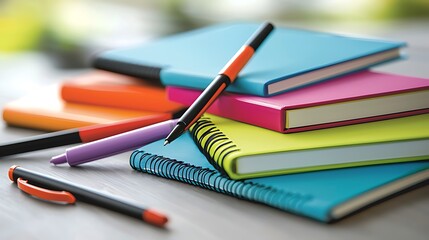 Colorful notebooks and pens on a desk.