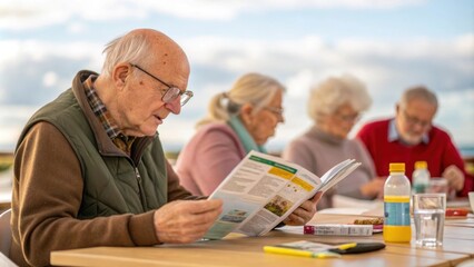 A patient gentleman with glasses looks through a thick seminar booklet highlighting sections with a brightcolored marker. Hes seated at a table filled with pamphlets and