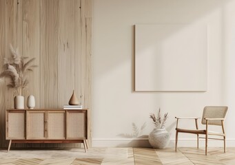 Minimalist living room interior with wooden wall. rattan cabinet. and a large blank canvas