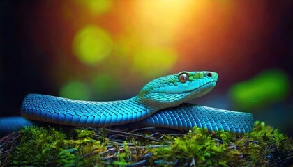 Obraz premium blue green snake warming in the sun on the forest ground .