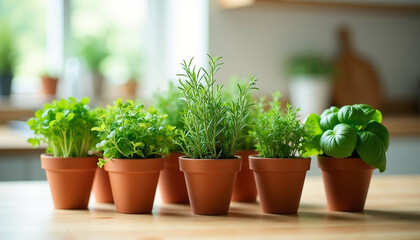 Fototapeta premium A collection of fresh herbs in terracotta pots a kitchen garden.