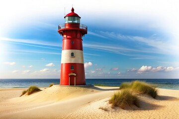 Fototapeta premium Vibrant red lighthouse on a sandy shore, perfect for coastal landscapes, maritime themes, and candid photography. Isolated transparent PNG for creative projects and stunning visuals.