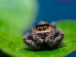 Phidippus audax macro jumping spider, Phidippus audax macro jumping spider, Hairy, black jumping spider sits on a green leaf.