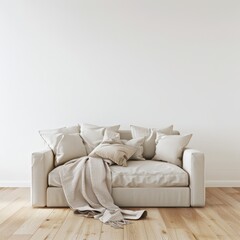 A white sofa with several throw pillows and a blanket draped over the arm sits in a minimalist living room with a white wall and light wood floors