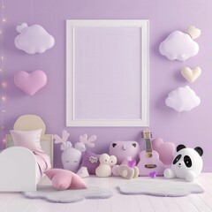 A white frame mockup in a light purple room. featuring a bed with pillows. a rug. toys. and cloud-shaped decorations