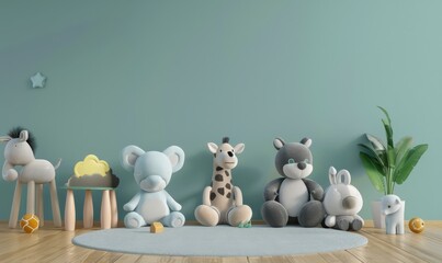 A nursery room interior with stuffed animals and a wooden stool on the floor