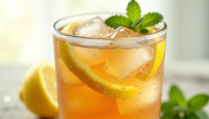 Fototapeta premium Refreshing iced tea with lemon and mint perfect for a summer day.