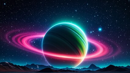 Fototapeta premium Colorful cosmic planet with rings in starry night sky over mountain landscape