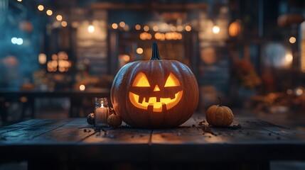Fototapeta premium Lit Jack-o'-lantern on rustic wooden table with small pumpkins and candle, Halloween night market background.