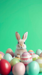 Cute little easter bunny, rabbit sitting in many colorful painted esater eggs, isolated on green background
