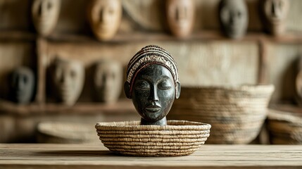 A detailed sculpture of a woman's head, adorned with beads, sits in a woven bowl, set against a backdrop of traditional masks.