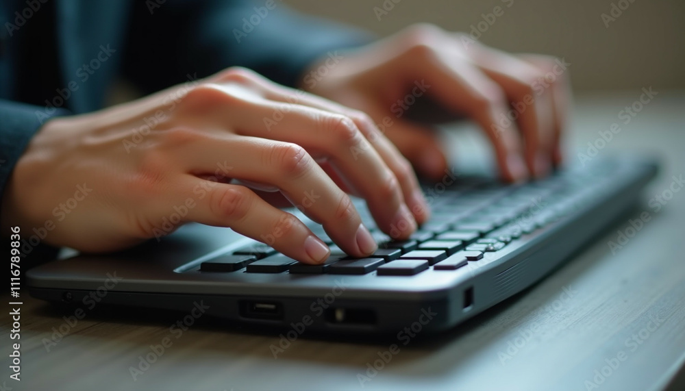 Aufkleber close up of hands typing on a laptop keyboard showcasing efficient work.