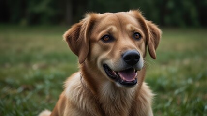 Golden retriever dog sitting in grass, looking at camera.