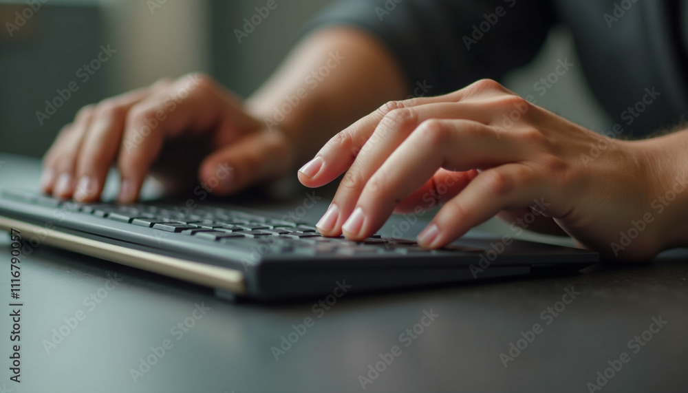 Poster close up of hands typing on a keyboard showcasing efficient work and digital interaction.